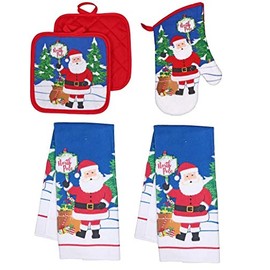 Collection Christmas Kitchen Towel Set 5 Piece 2 Pot Holders & 2 Towels with 1 Oven Mitt (Santa Claus)