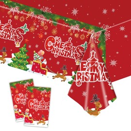 POPOYU 2Pcs Christmas Party Table Cover Table Cloth,137 * 274cm Christmas Table Decorations Plastic Waterproof Rectangular Tablecover Xmas Tablecloth for Christmas Evening Holiday Party Table Decor