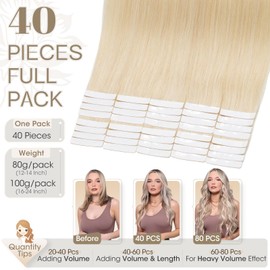 Elailite Blonde Tape in Hair Extensions Real Human Hair 40 Pcs 100g - Seamless Skin Weft Real Remy Hair Extension Long Straight (#613 Bleach Blonde, 24 Inch)
