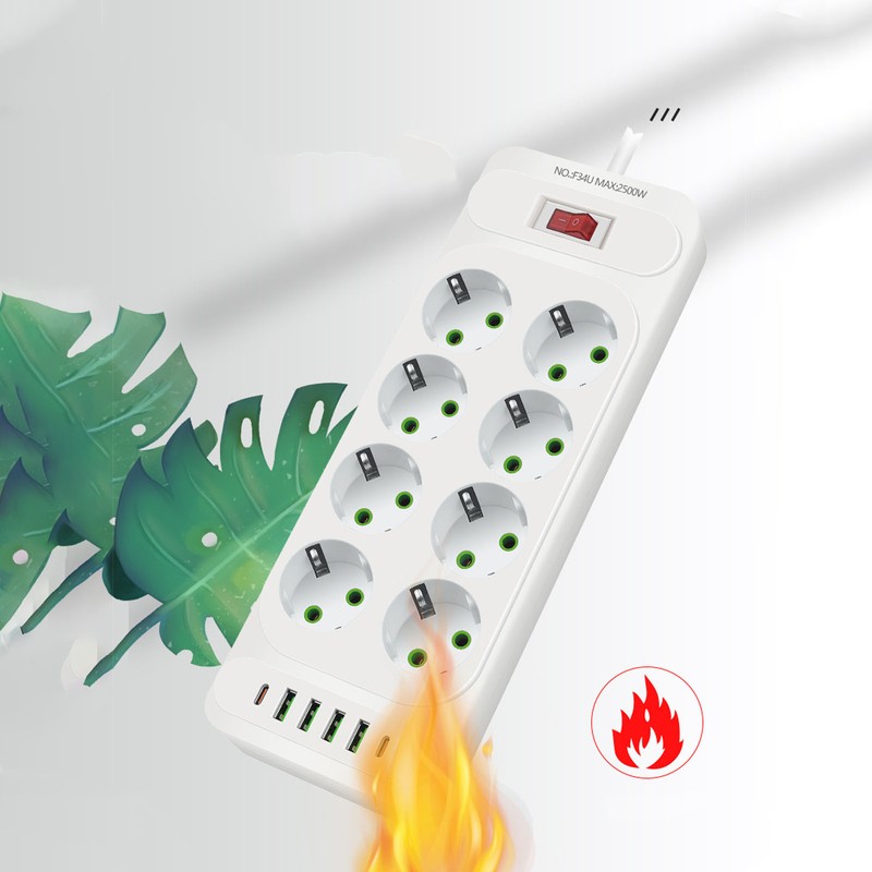 8 Way Power Strip USB C European Socket Desk Wall
