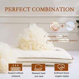 YOUR MOON Organic Wool Pillow Standard Size for Sleeping, Premium Breathable Wool Fill, 100% Cotton Cover, Luxury Soft Bed Pillow for Side Sleepers(Off White)