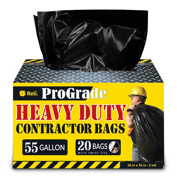 Reli. ProGrade Contractor Trash Bags 55 Gallon | 20 Bags w/Ties | Heavy Duty | 2 Mil | Black | Construction