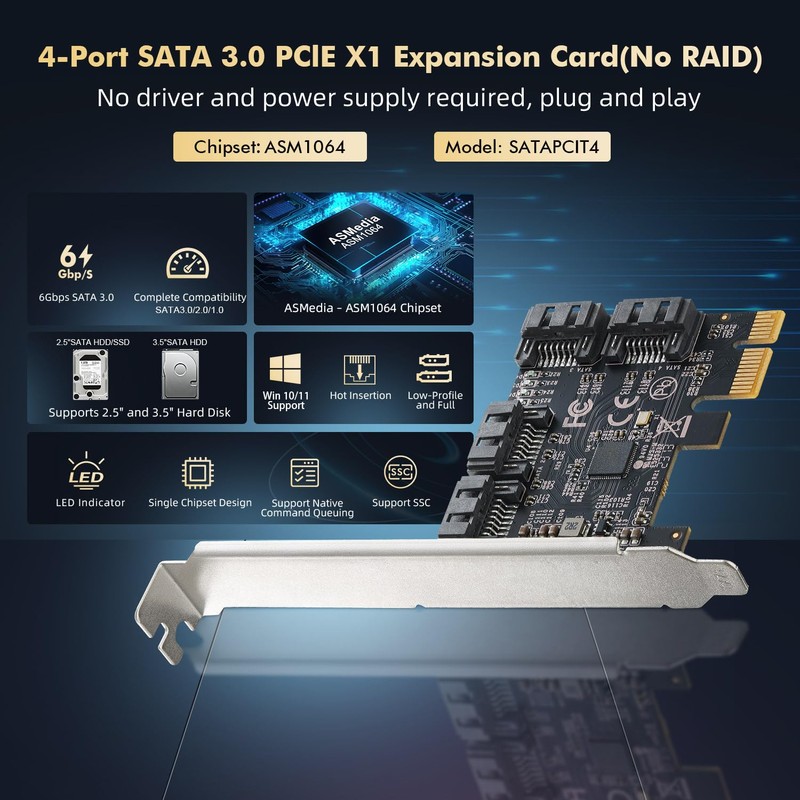 Binardat PCIE X1 to SATA Card 4 Port 6Gbps SATA