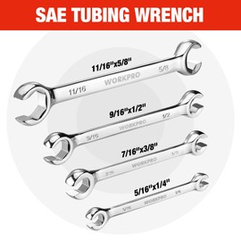 WORKPRO 4-Piece Flare Nut Wrench Set, SAE Brake Line Wrenches, 1/4", 5/16", 3/8", 7/16", 1/2", 9/16", 5/8", 11/16", Cr-V Steel, 15° Offset Head Tubing Wrench, Organizer Pouch Included