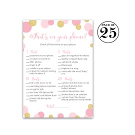 Inscape Creations Pink and Gold Polka Dot GIRL Baby Shower Games — WHAT'S ON YOUR PHONE Game — Pack of 25 — Gender Reveal Baby Shower Activity, Confetti Coed Co-ed Couples Shower G810-PHN
