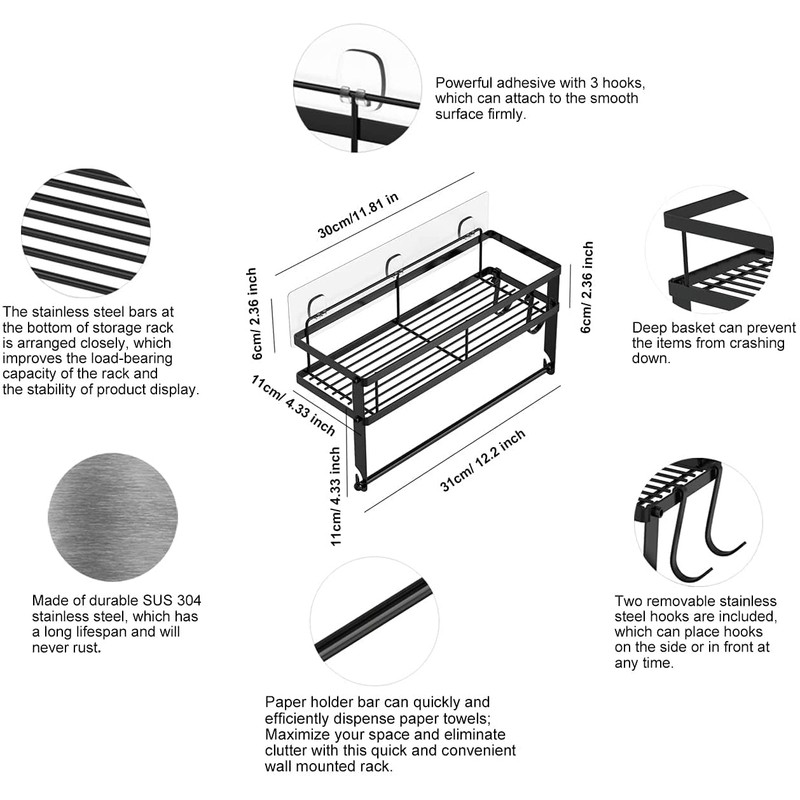 ESOW Paper Towel Holder with Shelf Storage, Adhesive Wall Mount