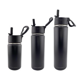 Handy Essence 12oz, 18oz, or 22oz Insulated Water Bottle With Straw Lid & Adjustable Handle (Black, 12oz)