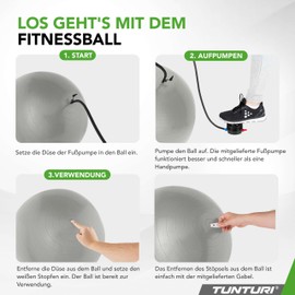 Tunturi Anti Burst Fitness Ball with Pump - Yoga Ball 55 cm - Pilates Ball - Pregnancy Ball - 220 kg User Weight - Includes Training App - Silver