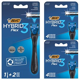 BIC Hybrid 3 Flex Refillable Men's Shaver, 90% Recycled Plastic Handle and 10 Triple-Blade Refills with Lubricating Strip - Bundle of 1+10