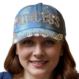 Popfizzy Princess Baseball Cap for Women and Girls, Adult Bedazzled Rhinestone Hats, Blue Denim and Diamond Hat, Bling Gifts