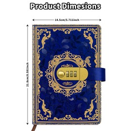 Qefuna Diary with Lock, A5 PU Leather with Embossed Film, Stamped Retro Floral Diary with Combination 200 Pages, 100 gsm Paper, Vintage Reading Journal Diary for Adults (Blue)