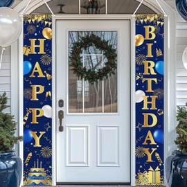 Avezano Happy Birthday Door Banner Navy Blue and Gold Birthday Decorations for Men Women Blue Gold Banner Party Decorations Outdoor Indoor