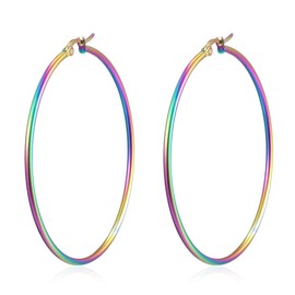 BIYONGDE Large Circle Huggie Hinged Hoop Earrings Womens Steel Oxidized Rainbow, 7CM Wide Lightweight Party