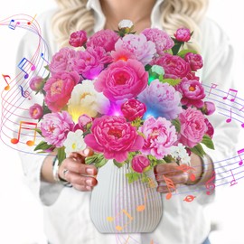 WUJUN 3D Music Pop Up Birthday Cards with Lights, Flower Bouquet 3D Pop Up Greeting Cards with Note Cards & Envelopes, Anniversary Card, Valentine Card, Mothers Day Card,12'' Pink Peony