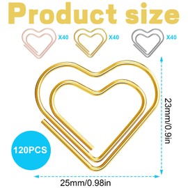 WUERKIYA Vibrant Paper Clips Collection - Heart Shaped Metal Paper Clips in Gold, Silver, and Rose Gold for Paper, Photos, and Books, an Essential Office Supply, Pack of 120