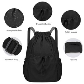 Risipu Drawstring Backpack Waterproof Large Capacity Drawstring Bags with Multiple Pockets, Drawstring Gym Bag for Men and Women, Swimming Sports Fitness Travel Bags (Black)