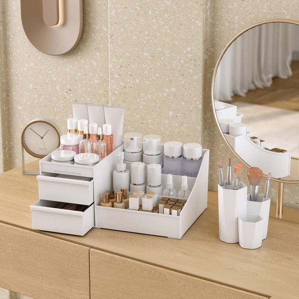 Lumijoy 2 Pcs White Makeup Organizer and Brush Holder Set
