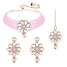 Aheli Gold Plated Pink Kundan Pearl Floral Necklace Jewellery Set Gift for Women