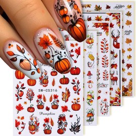 5 Sheets Fall Maple Leaf Nail Art Stickers Deals Pumpkin Mushroom Nail Stickers 3D Self-Adhesive Autumn Thanksgiving Manicure Decals Supplies for Women