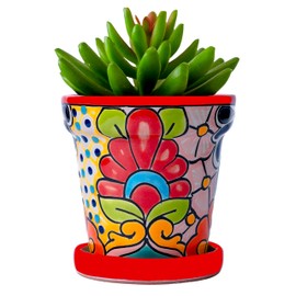 COBAZUL Mexican Pottery Planters - Talavera Planter - Succulent Pots - Ceramic Pots for Plants Indoor & Outdoor with Drainage Hole and Saucer - 4'' W x 4" H (Red-Small)