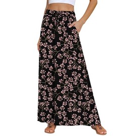 DB MOON Womens Maxi Skirt 2025 Casual Flowy Elastic High Waist Long Skirts with Pockets XL Flower Gypsophila Black