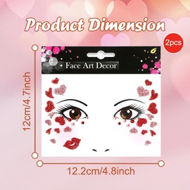 WRBAJIS Valentines Temporary Tattoos Glitter Fake Tattoos Red Heart Lip Tattoo Stickers Eyes Face Gems Stickers for Women Girls Valentines Day Makeup Holiday Party Supplies 2Pcs