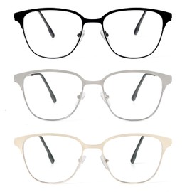 MMOWW 3 Pack Square Blue Light Blocking Reading Glasses Metal Frame Spring Hinges Computer Readers for Men Women, Black/Gold/Silver +3.0