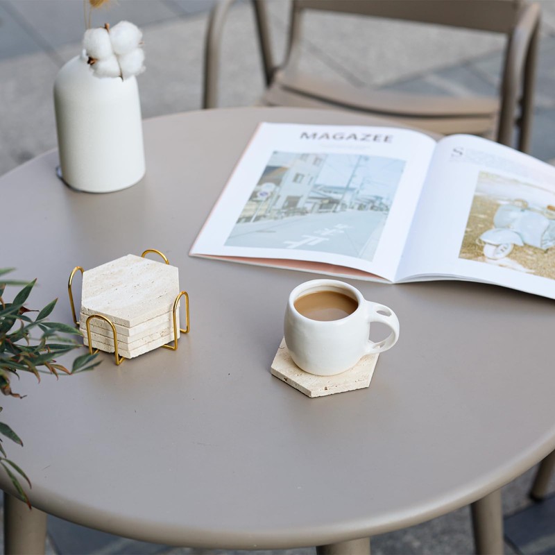 YONGHEE Travertine Coasters Set of 6 with Holder, Hexagonal Rustic