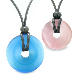Large and Small Lucky Coin Donuts Amulets Love Couples Sky Blue Pink Simulated Cats Eye Charms Necklaces
