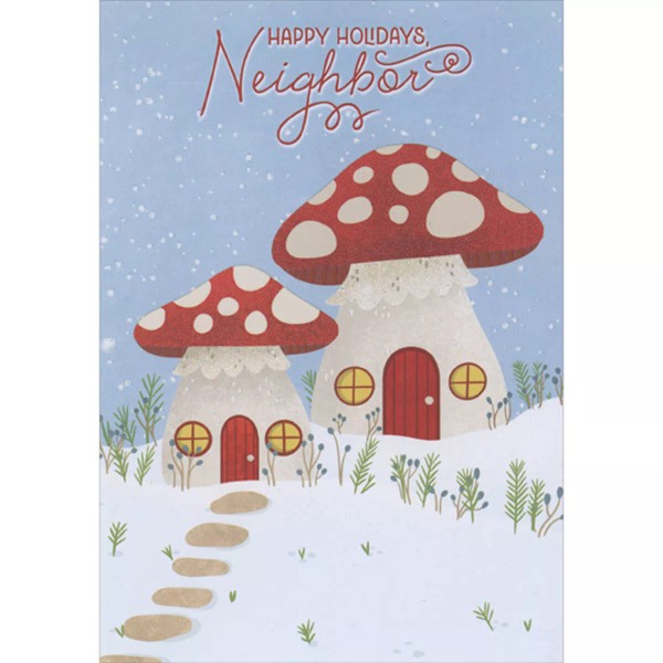 Designer Greetings Two Mushroom Houses in Winter Setting Christmas Card
