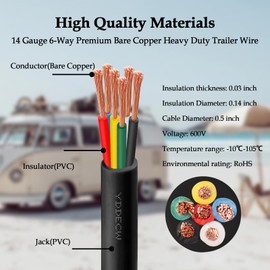 YDDECW 6 Way Trailer Wire - 14/6 Heavy Duty 30FT 100% Pure Copper 6 Wire Trailer Cable 14 Gauge 6 Conductor Wiring Extension Cable Insulated for RV and Auto