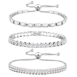 JeweBella 3 Pcs Silver Bracelet for Women Dainty Tennis Bracelets Set Diamond Cubic Zirconia Adjustable Slider Bracelet Stack Silver Gold Bracelets