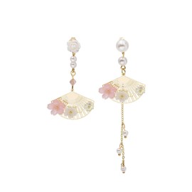 Pink Flower Pearl Sakura Leaf Earrings Ginkgo Biloba Cat Fairy Flower Statement Earrings For Women-Cherry blossoms and fans