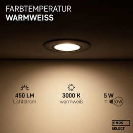 EMOS LED Recessed Spotlight 230 V, 5 W / 450 lm, 50° Swivelling, Ceiling Spotlights, Warm White, 3000 K, Recessed Spotlight, LED Spotlight, Flat 68 mm Hole Size, Set of 6 LED Spotlights, 230 V, Round