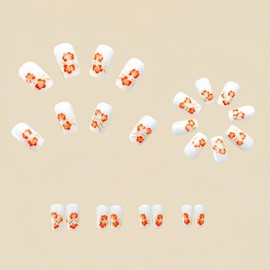 KTAABTR 24PCS Reusable Short Square Press on Nails - White Acrylic Nails Orange Floral Design, Flowers Fake Nails with Jelly Gel, Full Cover Spring Summer Flower Stick on Nails for Women Girls