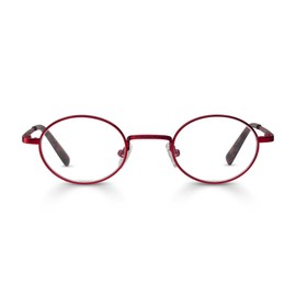 eyebobs Teddy Premium Reading Glasses for Women and Men | Round Average-Size Reading Glasses | Red Metal Front with Red Metal and Red Pattern Temples | 2.00