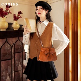 CORIOS Soft Plush Shoulder Bag for Women Fluffy Handbag Cute Fuzzy Crossbody Bag Furry Top Handle Bag Small Messenger Bag Lightweight Satchel Bag Work Shopping Travel Tote Bag Caramel