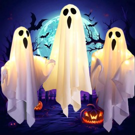 Decoraciones Colgantes de Fantasmas de Halloween,3 Piezas Fantasmas Colgantes de Halloween con Luces LED,Fantasmas Colgantes de decoracion para Exterior e Interior ﻿ (Luz blanca 3pc - fantasma)