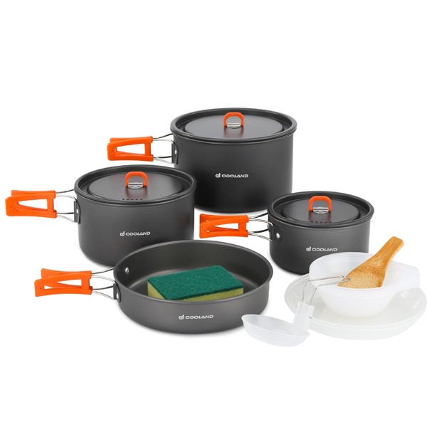 Odoland 15pcs Camping Cookware Non-Stick Lightweight Camping Pots and Pans Set with Plastic Plates Bowls Soup Spoon for Camping, Backpacking, Outdoor Cooking and Picnic