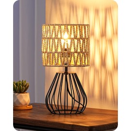 EDISHINE Small Rattan Table Lamp, Industrial Bedside Lamp, Handwoven Paper Rope Lampshade, Metal Waterdrop Cage, Boho Nightstand Light for Living Room, End Table, Office, 2700K G45 LED Included