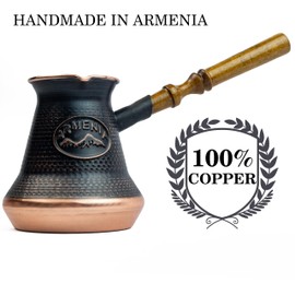 Handmade Armenian Coffee Pot Maker (7.6 Fl Oz) Copper Jazva Ararat Turkish Arabic Greek Cezve Jezve Ibrik Turka Jazzve Jazve Wooden Handle (7.6 Fl Oz (225ml))