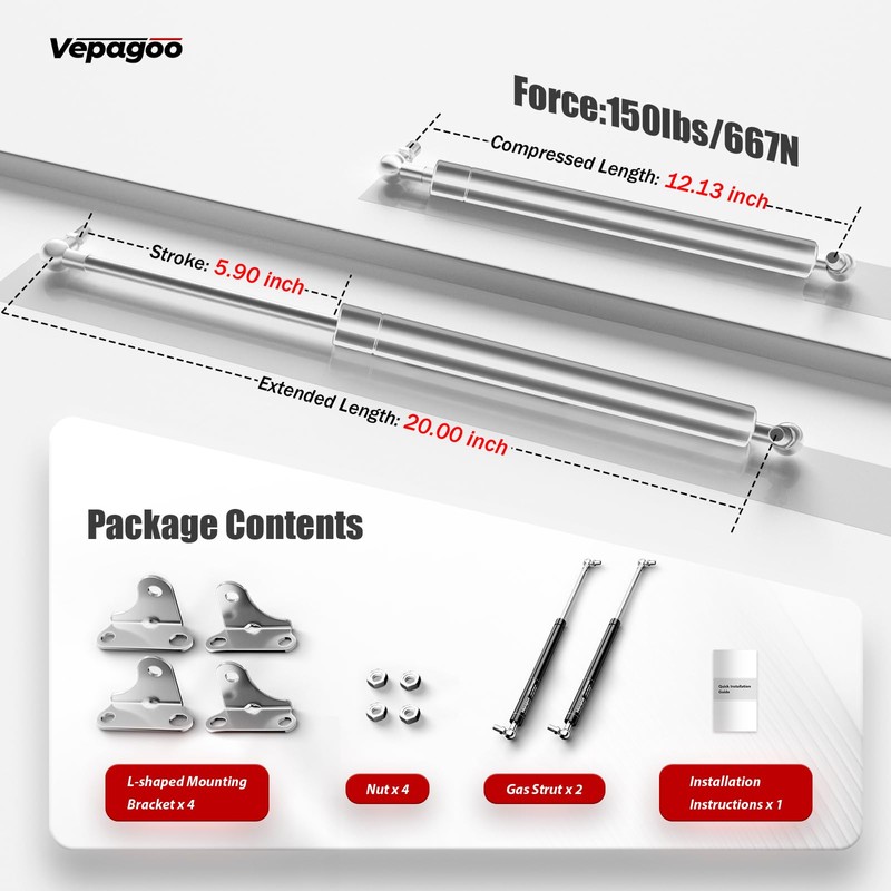 Vepagoo Stainless Steel 20Inch 150Lb/667N Gas Struts with Brackets