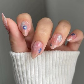 Flower Press on Nails Short Almond Fake Nails with Colorful Flower Designs Nude False Nails Press ons Glossy Glue on Nails Light Pink Stick on Nails for Women 30 Pcs