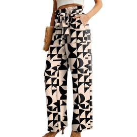 IWOLLENCE Women's Wide Leg Pants with Pockets High Waist Adjustable Knot Loose Casual Trousers Business Work Casual Pants Apricot Geometry Medium