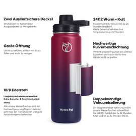 HydroPal Stainless Steel Drinking Bottle - 750 ml, 1 L, 1.2 L, BPA-Free, Suitable for Carbonated Drinks, Insulated Thermos Flask with Straw and 2 Lids, Leak-Proof Insulated Bottle for Children,