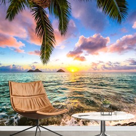 SIGNWIN Removable Wall Sticker/Wall Mural Tropical Beach Shore Ocean Paradise Nature Wilderness Photography Realism Decorative Landscape Colorful Rustic for Living Room, Bedroom, Office - 66"x96"