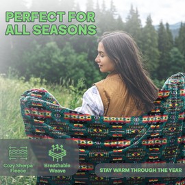 Sacred Thread Fleece Blanket 79"x95" South Western, Reversible Mexican, Vibrant Aztec Blankets and Throws for Aztec Decor for Home, Native American Big Floral Boho Blanket, Flannel Lake Queen