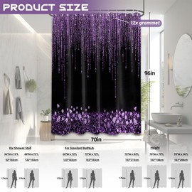 Yieldeer Black and Purple Shower Curtain Sparkle Shimmer Bathroom Decor Shiny Bath Curtain, (No Glitter), Waterproof Cloth Fabric with Hooks, 70 x 96 Inch