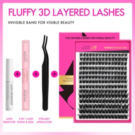 VEYESBEAUTY Lash Clusters Kit Individual Fluffy Lash Extensions Kit 3D Layered Volume Eyelashes Thin & Invisible Band Lash Tray 10-18mm Mixed Length, Xtreme Kit with Bond&Seal and Remover Applicator