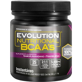 EVOLUTION, Aminoácidos BCAA, Suplemento Alimenticio, Leucina, Sin Gluten, Pre Workout, Post Workout, Sabor Arándano - Frambuesa, 25 Porciones, 500g